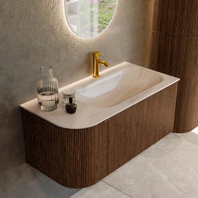 Badmeubel Mondiaz Kurve-Dlux | 95 cm | Meubelkleur Walnut | Wastafelkleur Meli | Solid surface | Wasbak rechter zijde spoelbak | 1 kraangat