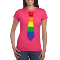 Roze t-shirt met regenboog vlag stropdas dames