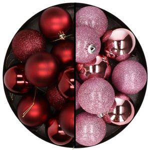 24x stuks kunststof kerstballen mix van donkerrood en roze 6 cm