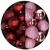 24x stuks kunststof kerstballen mix van donkerrood en roze 6 cm - thumbnail