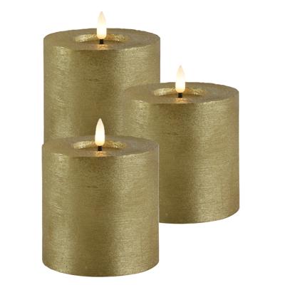 LED kaars/stompkaars - 3x - goud - D10 x H10 cm - timer - warm wit
