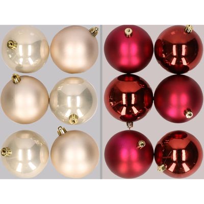 12x stuks kunststof kerstballen mix van champagne en donkerrood 8 cm