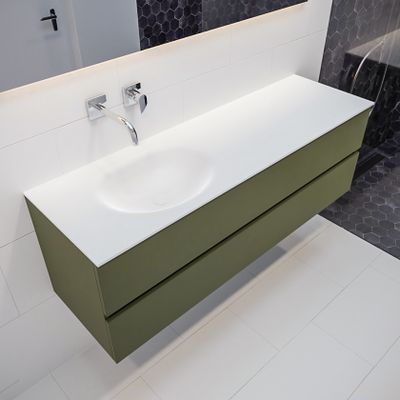 Mondiaz Vica Moon badmeubel Army 150 cm 2 lades solid surface enkele spoelbak links zonder kraangat