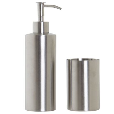 Badkamerset met zeeppompje en tandenborstel beker zilver RVS 21 cm