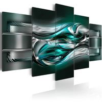 Schilderij -Turquoise golven op platina , platina look , 5 luik , 2 maten , Groen grijs , Wanddecoratie