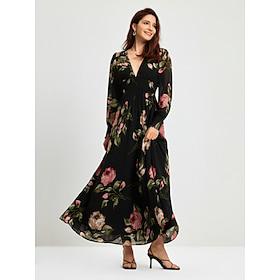 Maxi-jurk met chiffon bloemenprint en gerimpelde taille