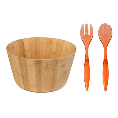 Grote Salade schaal met rood sla couvert - bamboe - lichtbruin - serveerschaal - D30 x H16 cm