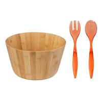 Grote Salade schaal met rood sla couvert - bamboe - lichtbruin - serveerschaal - D30 x H16 cm