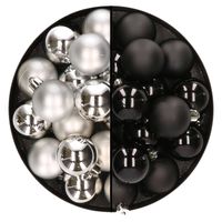 32x stuks kunststof kerstballen mix van zilver en zwart 4 cm - Kerstbal - thumbnail