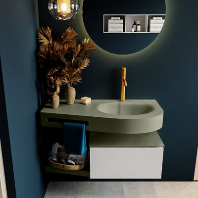 MONDIAZ RIVA 100cm badmeubel onderkast / planchet kleur Linen met 1 lade. Wastafel DULCET rechts 1 kraangat kleur Army. MONDIAZ RIVA 100cm badmeubel onderkast / planchet kleur Linen met 1 lade. Wastafel DULCET rechts 1 kraangat kleur Army.