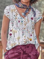 Floral Printed Casual V Neck Short Sleeve T-shirt