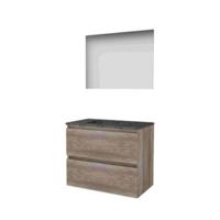 Basic-Line Ultimate 46 Badkamermeubelset - 80 x 46 cm - Greeploos - 2 Lades - Hardstenen Wastafel - Zonder Kraangat - Spiegel met Indirecte LED Verlichting - Scotch Oak