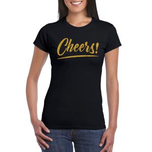 Verkleed T-shirt voor dames - cheers - zwart - gouden glitter - carnaval/themafeest