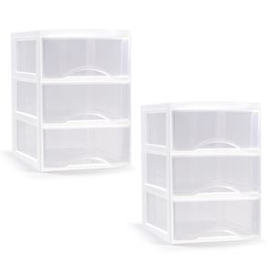 Ladeblokje/bureau organizer - 2x - 3 lades - transparant/wit - L26 x B37 x H37 cm - plastic