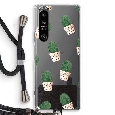 Cactusprint roze: Sony Xperia 1 III Transparant Hoesje met koord