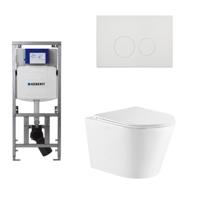QeramiQ Dely Toiletset - 36.3x51.7cm - diepspoel - rimless - Geberit UP320 Burda inbouwreservoir - softclose toiletzitting - glans witte bedieningsplaat - ronde knoppen - wit mat SW543432/0701131/SW706186