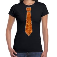 Verkleed t-shirt voor dames - stropdas oranje - pailletten - zwart - carnaval - foute party