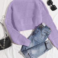Bon&Bon Hot Pink Ribbed Knit Crop Sweater - Casual Drop Shoulder Pullover Mauve Purple / S