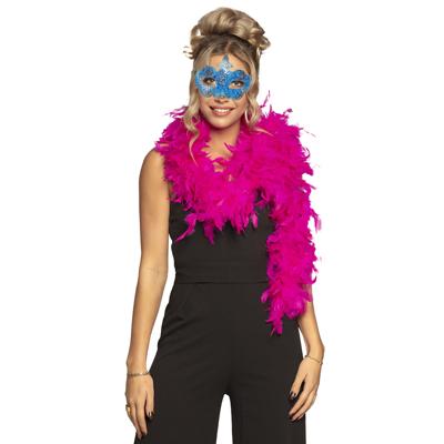 Venetiaans oogmasker in het blauw - Met dikke veren Boa in het roze - 180 cm - Dames