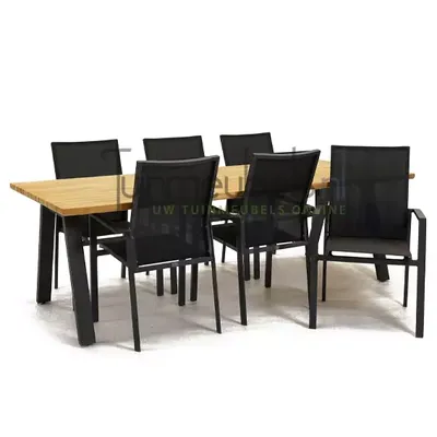 Tuinstoel Delia zwart hoge rug met Ambassador 240 cm teaktafel