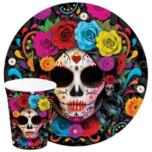 Day of the dead feest servies set - borden/bekers - 24x - gekleurd - papier