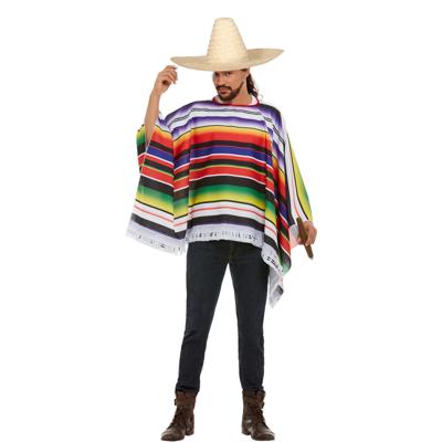 Carnaval verkleed set Mexicaan - gekleurde one size poncho - Sombrero hoed naturel dia 59 cm