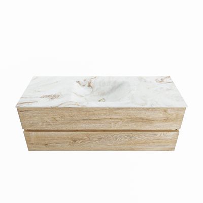 MONDIAZ VICA-DLUX 130cm badmeubel onderkast Washed Oak 2 lades. Inbouw wastafel CLOUD midden zonder kraangat, kleur Frappe.
