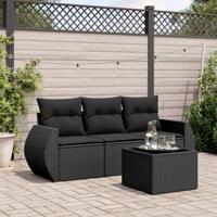 4-delige Loungeset met kussens poly rattan zwart