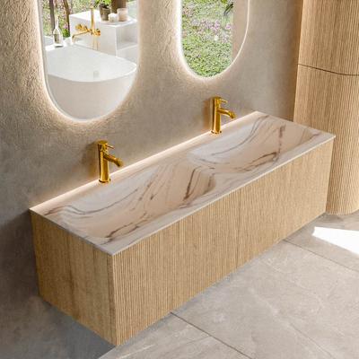 Badmeubel Mondiaz Kurve-Dlux | 140 cm | Meubelkleur Oak | Wastafelkleur Nata | Solid surface | Wasbak beide zijden spoelbak | 2 kraangaten