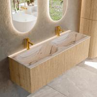 Badmeubel Mondiaz Kurve-Dlux | 140 cm | Meubelkleur Oak | Wastafelkleur Nata | Solid surface | Wasbak beide zijden spoelbak | 2 kraangaten