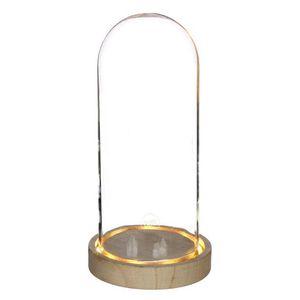 Ideas 4 Seasons Decoratie stolp - glas - houten plateau - LED licht - D10 x H20,5 cm   -