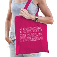 Glitter Super Mama katoenen tas roze rhinestones steentjes voor dames - Moederdag   -