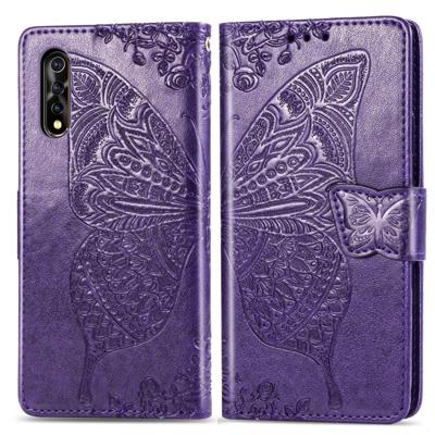 Voor vivo Y7s/S1 Butterfly Love bloemen reliëf horizontale Flip lederen draagtas met houder & kaartsleuven & portemonnee & Lanyard (donker paars)