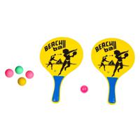 Strand Beachball set - hout - geel - strand sport speelset - met 5x balletjes