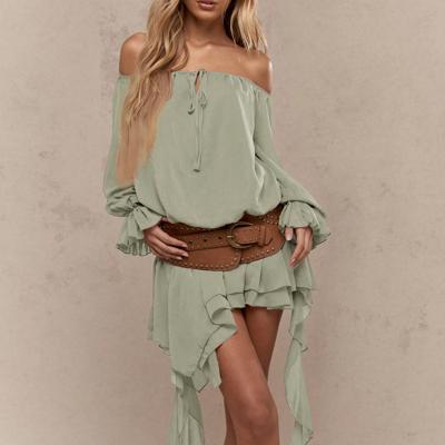 Bon&Bon Boho Off-the-Shoulder Asymmetric Ruffle Mini Dress in Apricot Green / XL