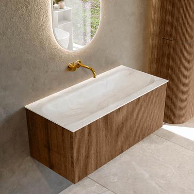 Mondiaz KURVE-DLUX 100 cm Onderkast Greeploos 1 Lade Zonder Deuren Walnut, Wastafel Solid Surface Volledig Ostra 0 Kraangaten Zonder Spiegel (KRVBGM1001L0D0KM-Wal/Ost)