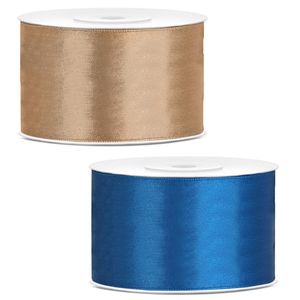 Sierlinten/cadeaulinten/satijnen linten - Set 2x stuks - goud en donkerblauw - 38 mm x 25 meter