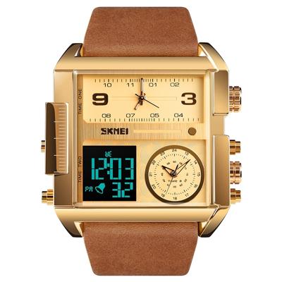 SKMEI 1391 multifunctionele mannen Business digitaal horloge 30m waterdicht Square Dial polshorloge met lederen Watchband(Gold)