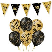 Leeftijd verjaardag feestartikelen pakket vlaggetjes/ballonnen 90 jaar zwart/goud