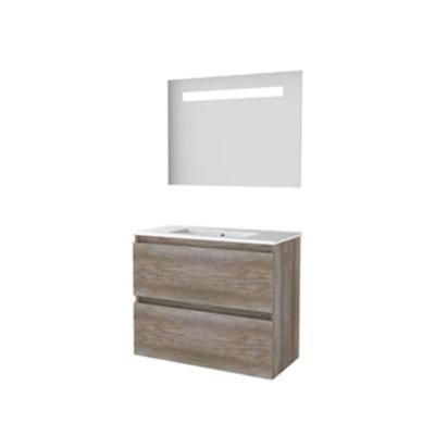 Basic-Line Economic 39 Badkamermeubelset - Ondiep - 80 x 39 cm - Greeploos - 2 Lades - Keramische Wastafel - 1 Kraangat - Spiegel met LED Verlichting - Scotch Oak