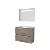 Basic-Line Economic 39 Badkamermeubelset - Ondiep - 80 x 39 cm - Greeploos - 2 Lades - Keramische Wastafel - 1 Kraangat - Spiegel met LED Verlichting - Scotch Oak