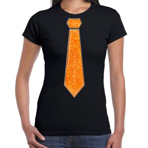 Verkleed t-shirt voor dames - stropdas glitter oranje - zwart - carnaval - foute party