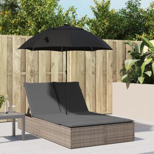 Ligbed 2-persoons met kussens en parasol poly rattan grijs