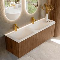 Mondiaz KURVE 145 cm Onderkast Greeploos 1 Lade Met Deuren Walnut, Wastafel Solid Surface Links Talc 2 Kraangaten Zonder Spiegel (KRVCLO145R1L1D2KD-Wal/Tal)