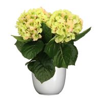 Hortensia kunstplant/kunstbloemen 36 cm - groen/roze - in pot wit glans - thumbnail