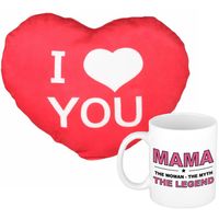 Mama the legend mok/beker 300 ml wit incl. sierkussentje hart vorm 12 cm