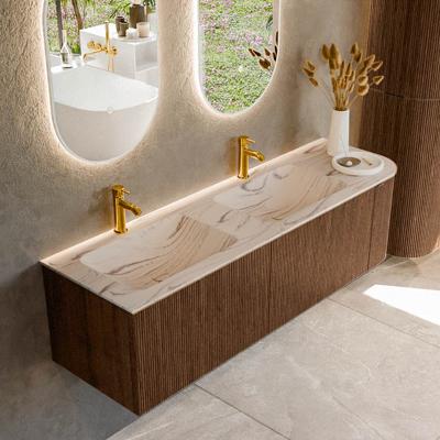 Badmeubel Mondiaz Kurve-Dlux | 155 cm | Meubelkleur Walnut | Wastafelkleur Nata | Solid surface | Dubbel / Links spoelbak | 2 kraangaten