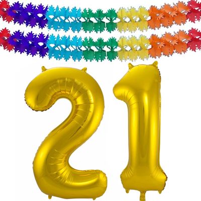 Grote folie ballonnen cijfer 21 in het goud 86 cm en 2x feestslingers Grote folie ballonnen cijfer 21 in het goud 86 cm en 2x feestslingers