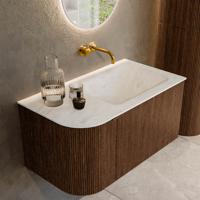 Badmeubel Mondiaz Kurve-Dlux | 85 cm | Meubelkleur Walnut | Wastafelkleur Opalo | Solid surface | Rechts spoelbak | Zonder kraangat(en)