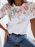 Floral Short Sleeve Printed Cotton-blend Crew Neck Casual Summer White Top - thumbnail